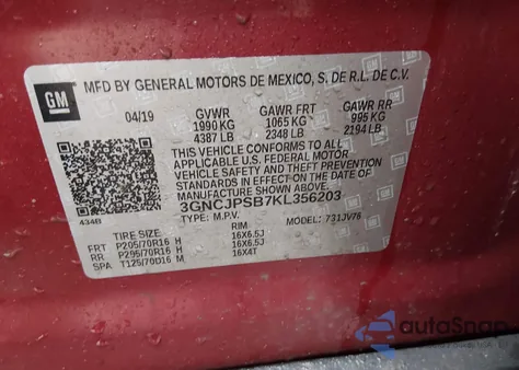 2019 Chevrolet Trax Lt z USA, uszkodzony, nr VIN 3GNCJPSB7KL356203